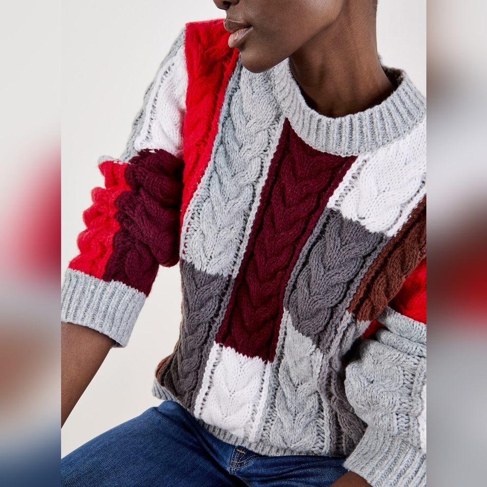 Red Grey and Burgundy Colorblock Cableknit Chunky Sweater